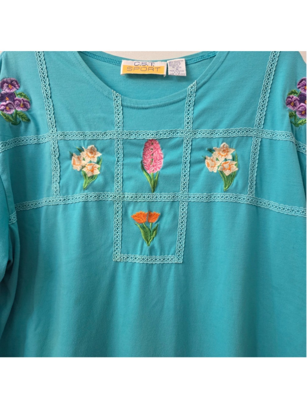 C.S.T. Sport Vintage Y2K Embroidered Floral Teal T-Shirt 1X - Picture 5 of 6